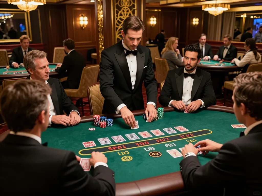 Engaged players strategizing at keonhacai blackjack table in stunning casino ambiance