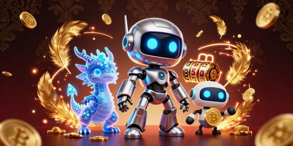 Rajabambu menghadirkan visual kasino futuristik dengan robot dan simbol bitcoin di lingkungan glamor.