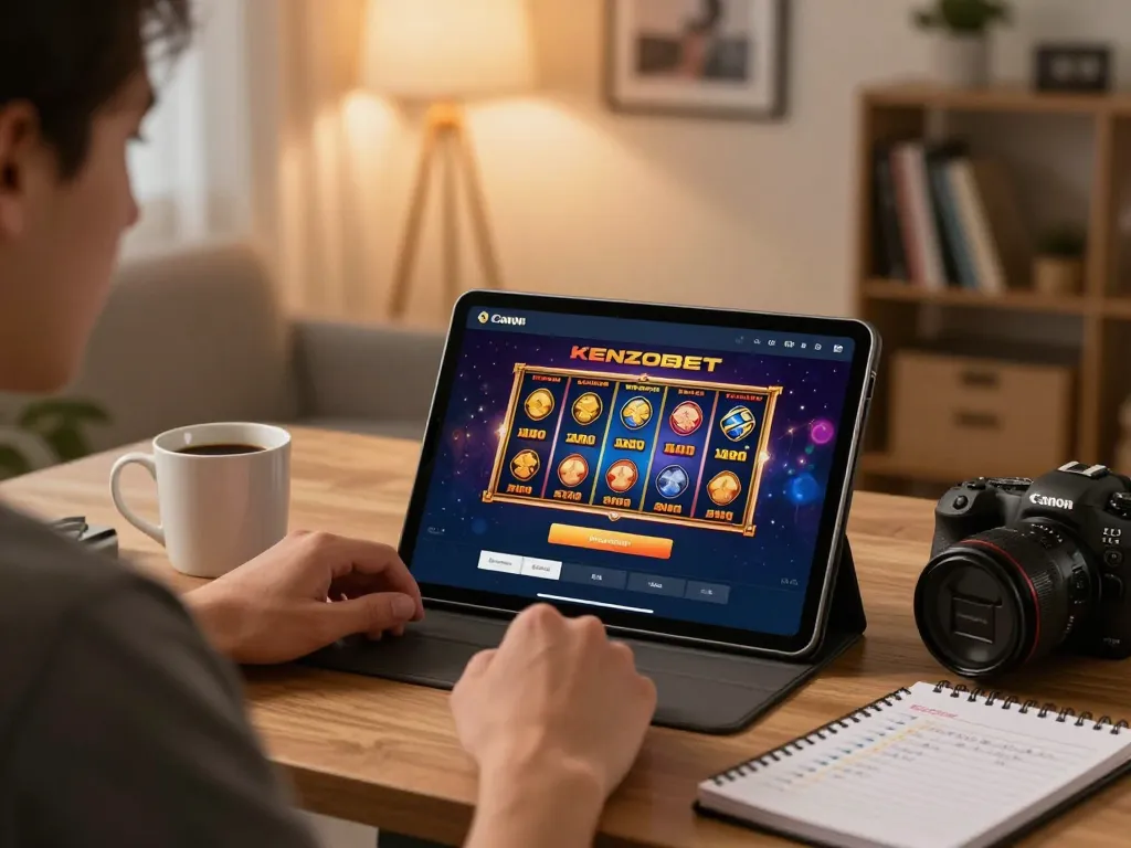 Engaging KENZOBET login scene showing a player strategizing online casino games in a cozy home.