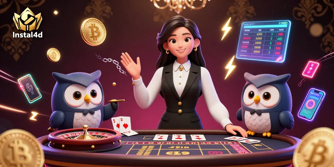 Experience top-tier gaming strategies with Instal4d's vibrant casino illustration featuring dynamic dealers and crypto elements.