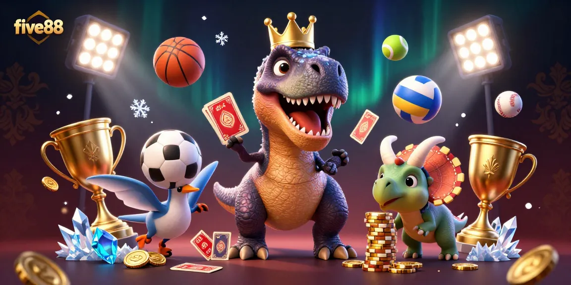 Engage with five88's vibrant gaming scene with a T-Rex and friends playing cards and stacking chips.