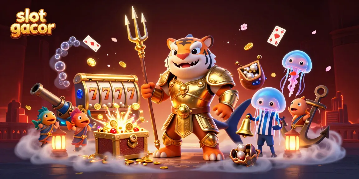 Engage with slot gacor in this dynamic scene featuring a gladiator shark and vibrant game elements.