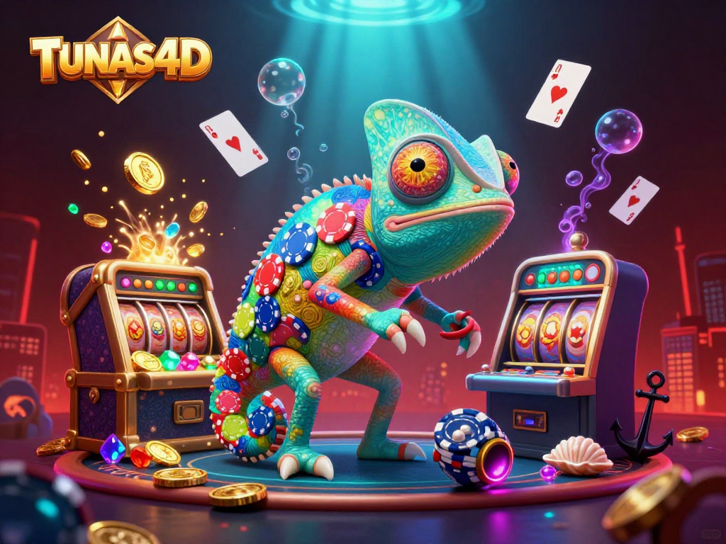 TUNAS4D showcases vibrant 3D chameleon owner at a busy online slots casino, capturing playful action.