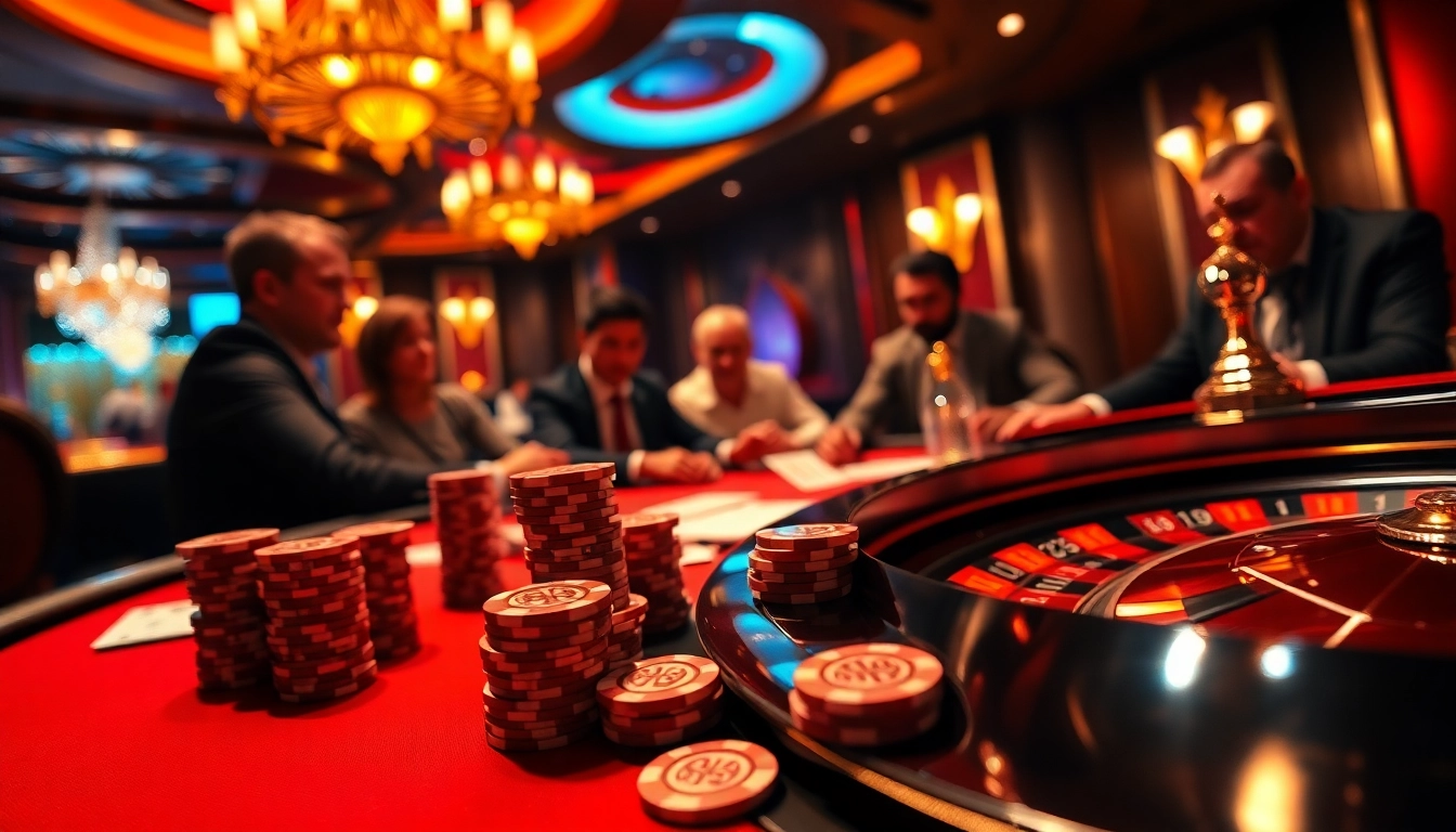 Engaged players at a luxurious table showcasing nhà cái uy tín poker excitement with vibrant chips and cards.