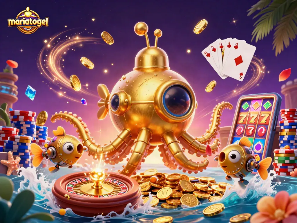 Bet on exciting games at mariatogel featuring dynamic golden coins and an enchanting kraken submarine.