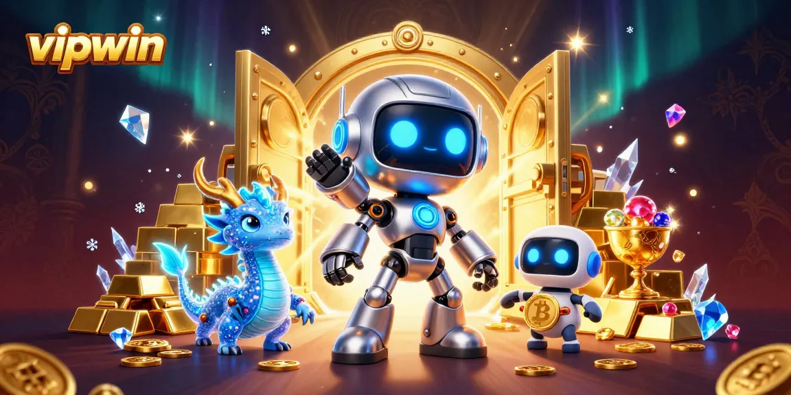 Engage with vipwin in a vibrant casino world featuring neon robots, treasures, and gaming symbols.