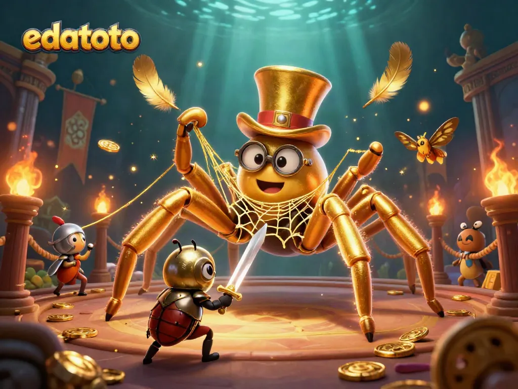 Engage in thrilling gameplay with edatoto at a vibrant casino scene featuring unique characters and golden treasures.