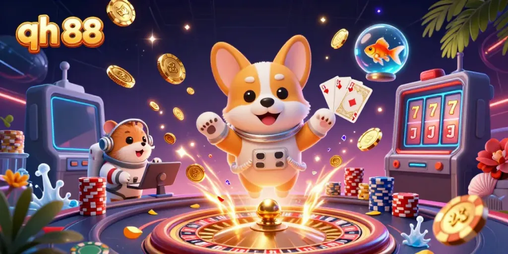 Engage with qh 88 at an exhilarating space-themed casino featuring cartoon characters and dynamic gaming elements.