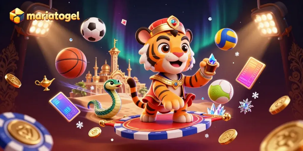 Engage in thrilling wagers with mariatogel, surrounded by vibrant sports elements and a magical backdrop.