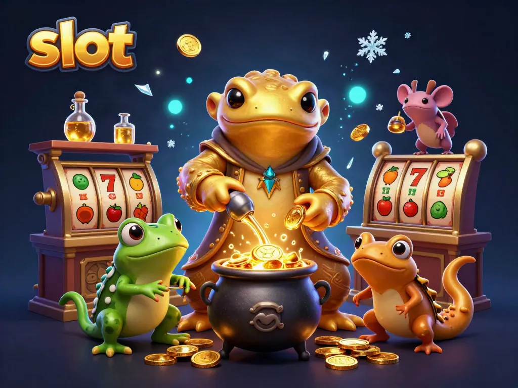 Slot gacor menarik dengan karakter alkimia memproduksi koin emas di laboratorium.