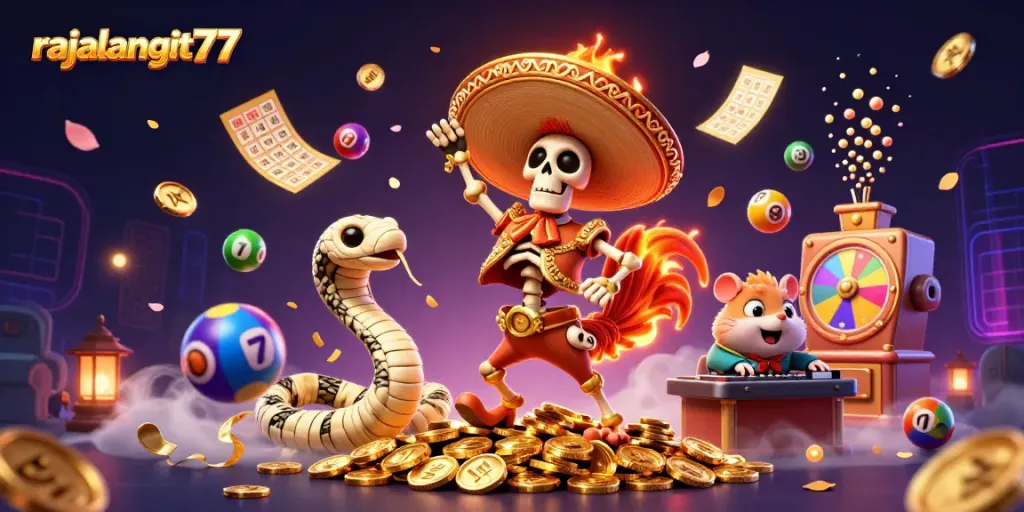 Engage with rajalangit77 through a vibrant lottery-themed illustration featuring dynamic casino elements.