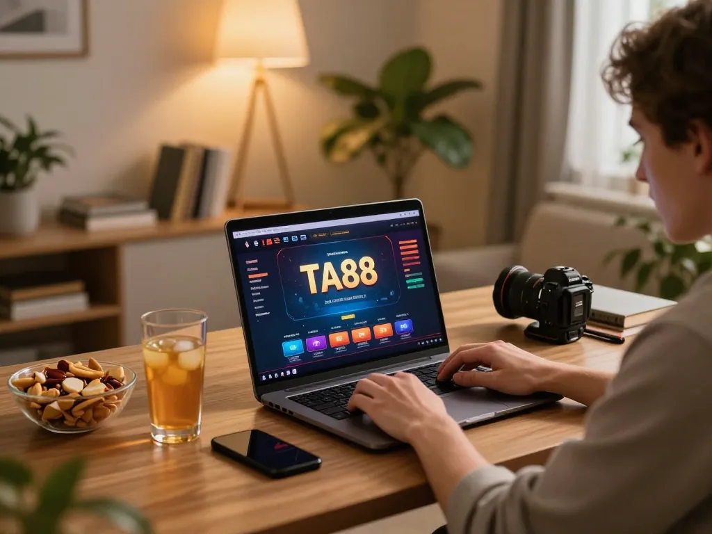 Player engaging with the TA88 online casino platform on a laptop in a cozy home setting