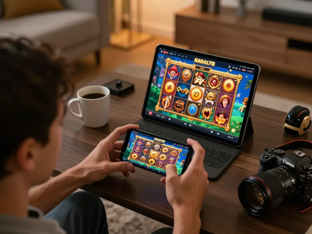 KADAL778 user enjoying a Greek mythology slot game on their smartphone in a cozy living room setting