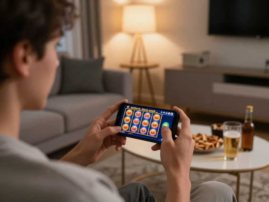 Engaging in exciting qqalfa slot gameplay on a smartphone in a cozy living room setting