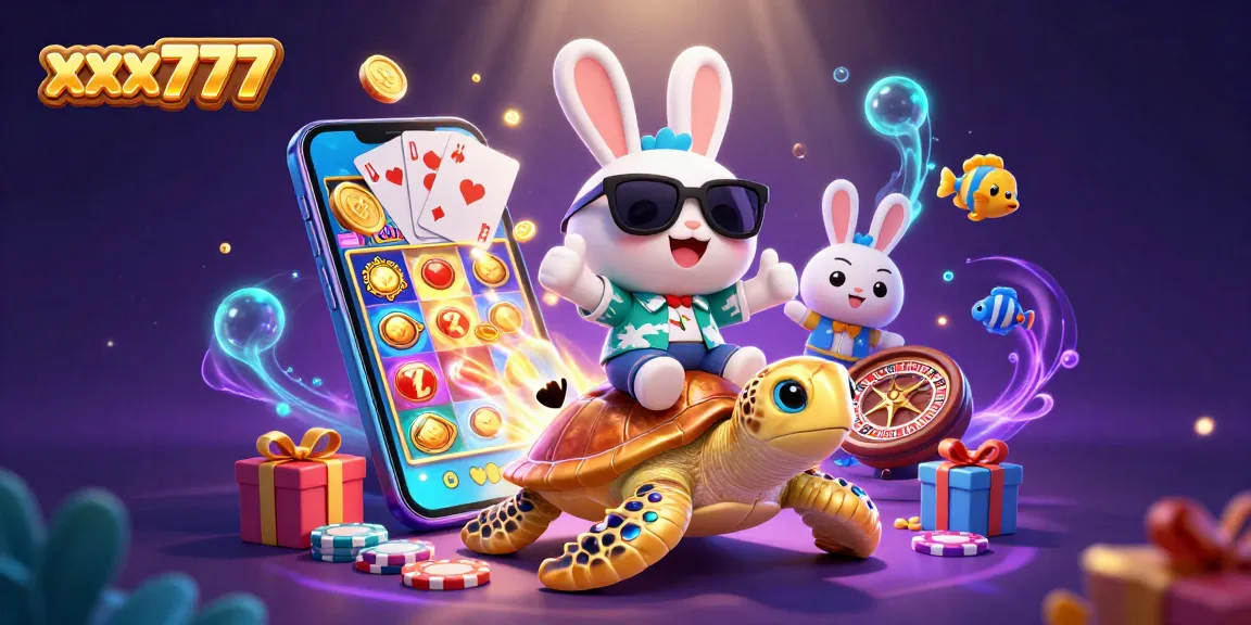 Experience the excitement of xxx777 with a lucky rabbit and a golden sea turtle in a vibrant casino scene.