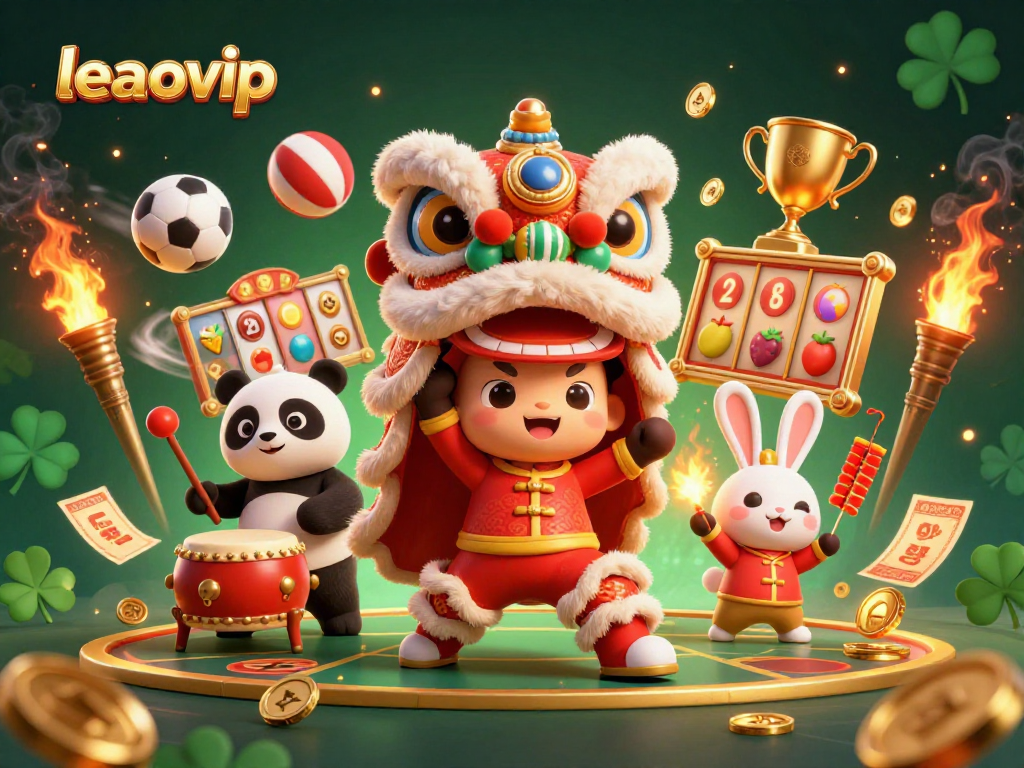 Experience the thrilling energy of leaovip, a vibrant online casino platform celebrating with a lion dance and dynamic game elements.