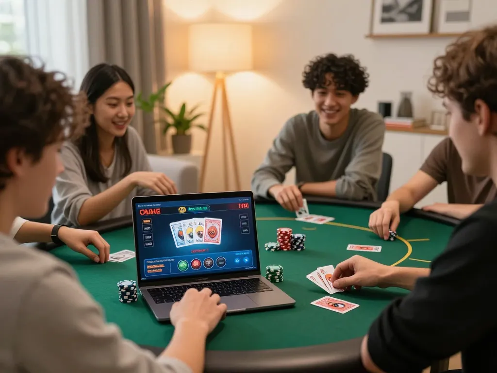 Engaged player using LGOGOAL for online poker in a cozy home setting with friends.