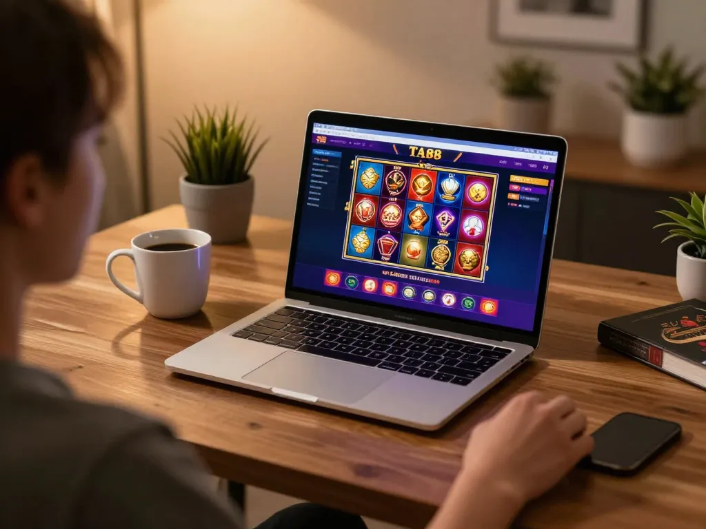 Player engaging with TA88 online gaming interface on a laptop, showcasing vibrant gameplay and cozy personal setup.