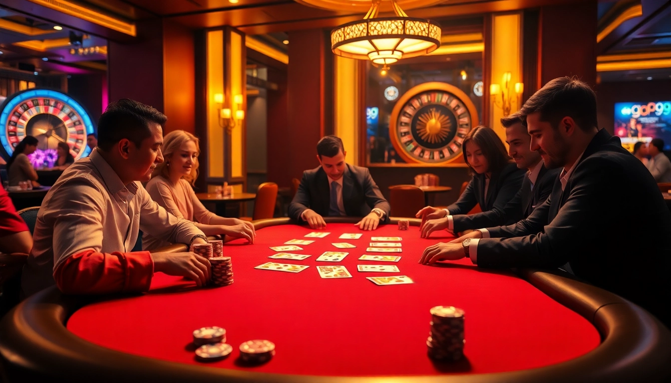 Engaging poker game at go99, showcasing high-stacked chips and intense players.