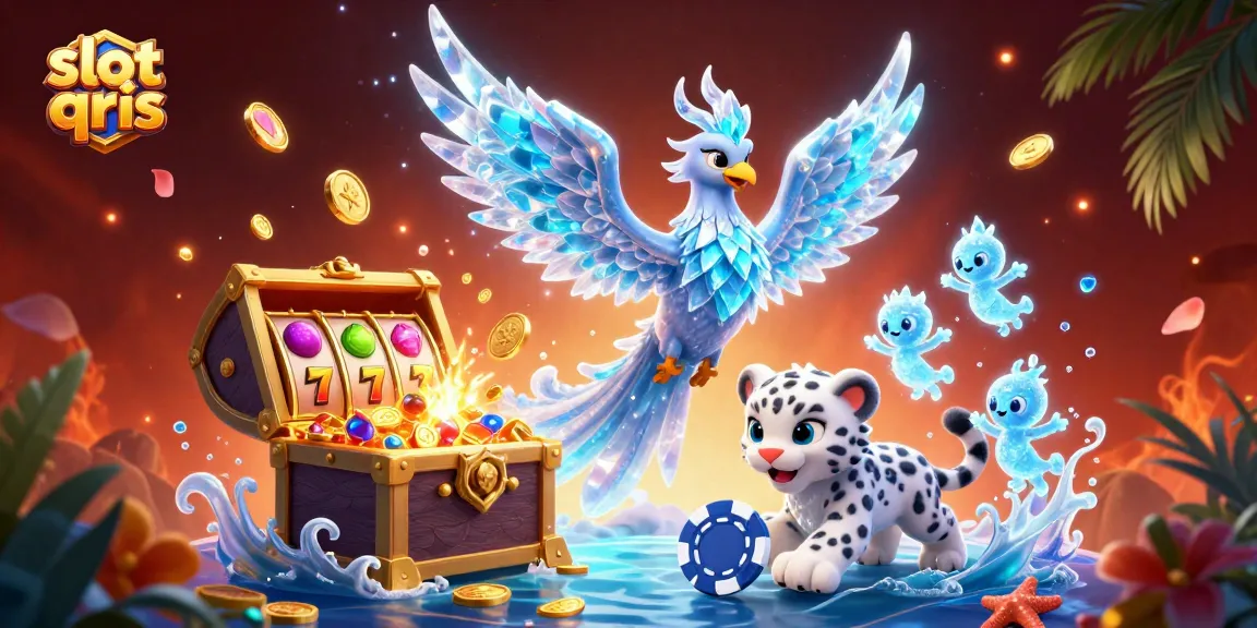 Engage with slot qris as an ice phoenix and snow leopard cub dance amidst colorful slot reels and vibrant gems.