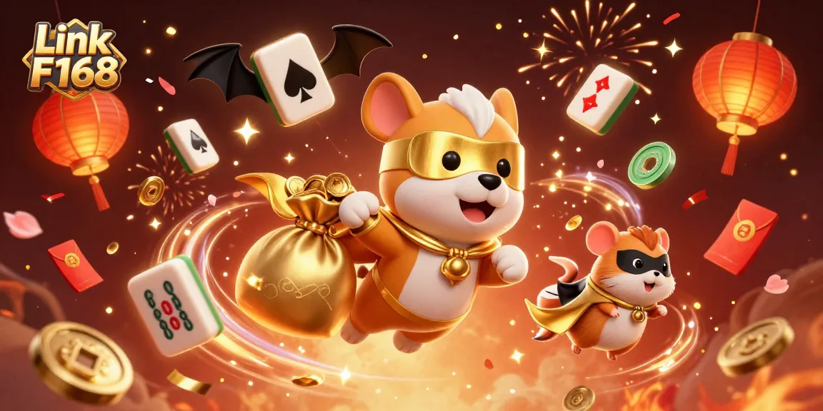 Experience thrilling gaming at Link F168 with a cartoon superhero dog and vibrant casino elements.