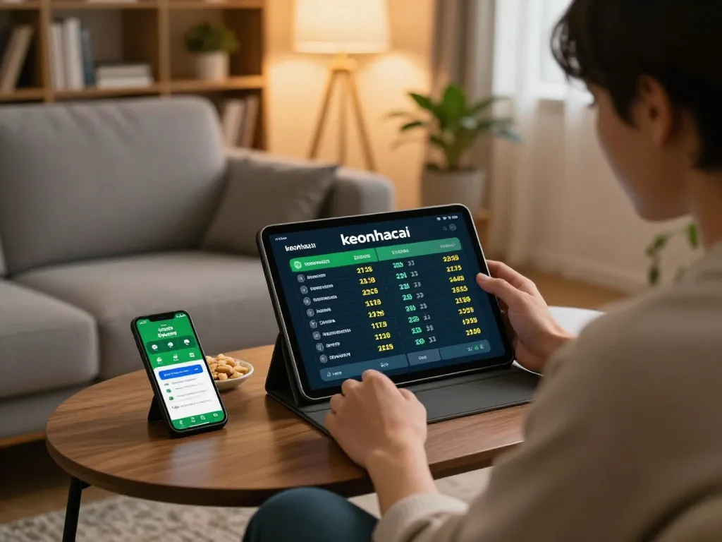 Engaging in live sports betting with keonhacai on tablet in a cozy home setting