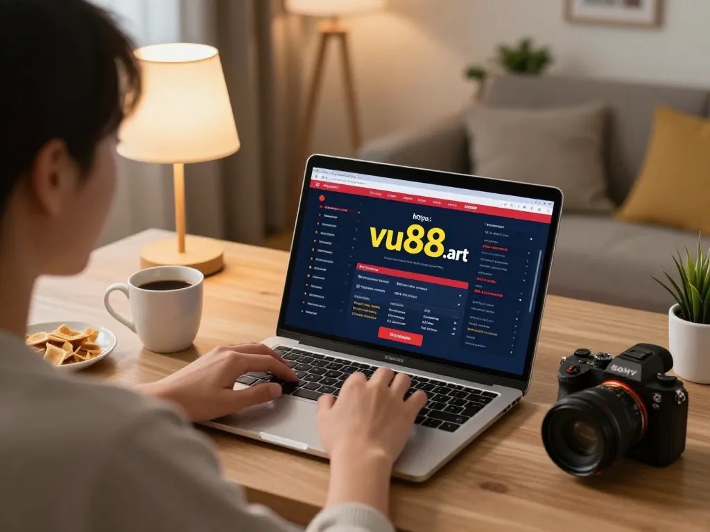 Engaged player using a laptop for online gambling at https://vu88.art/ in a cozy home setting.