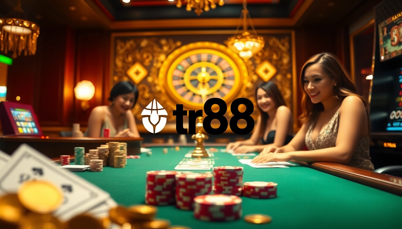 Engage in thrilling gameplay at tr88, featuring luxurious casino tables and a vibrant atmosphere.
