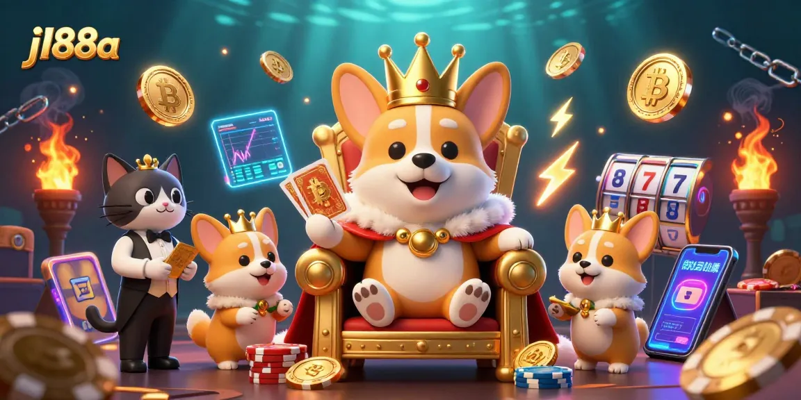 Experience gaming excitement with j188a in a vibrant 3D illustration of a royal corgi and friends.