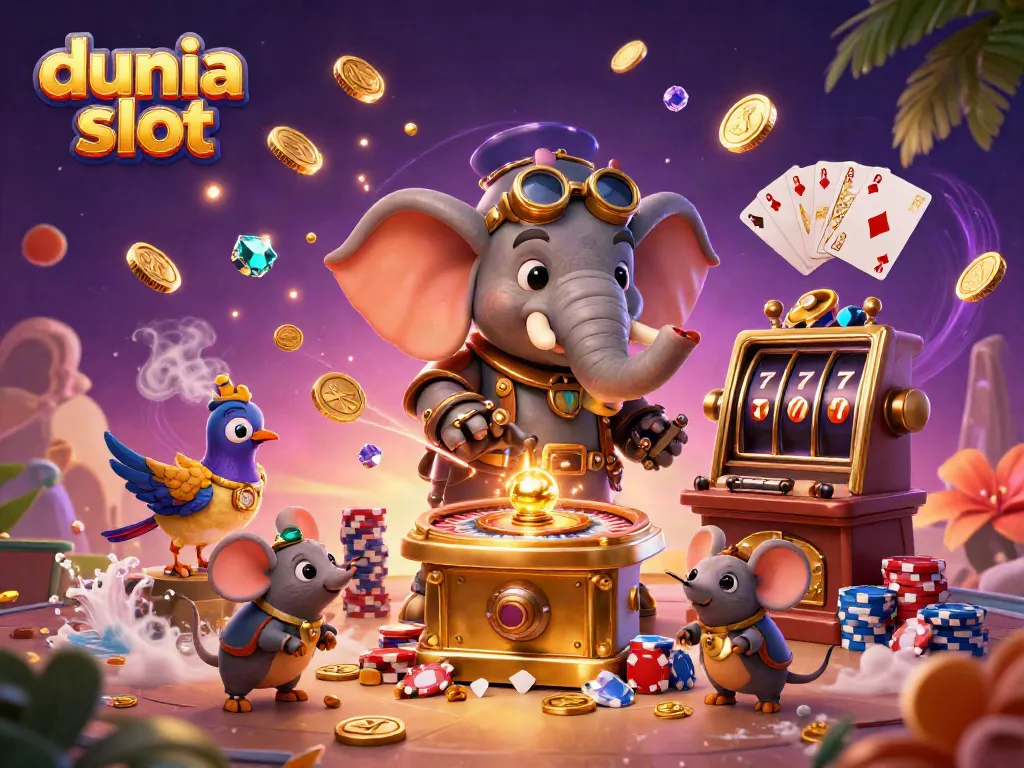 Ilustrasi dunia slot dengan gajah steampunk memutar mesin slot dan dikelilingi koin emas.