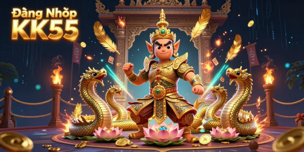 Experience the thrill of Đăng Nhập KK55 with a dynamic casino-themed illustration featuring golden temple guardians and vibrant game elements.