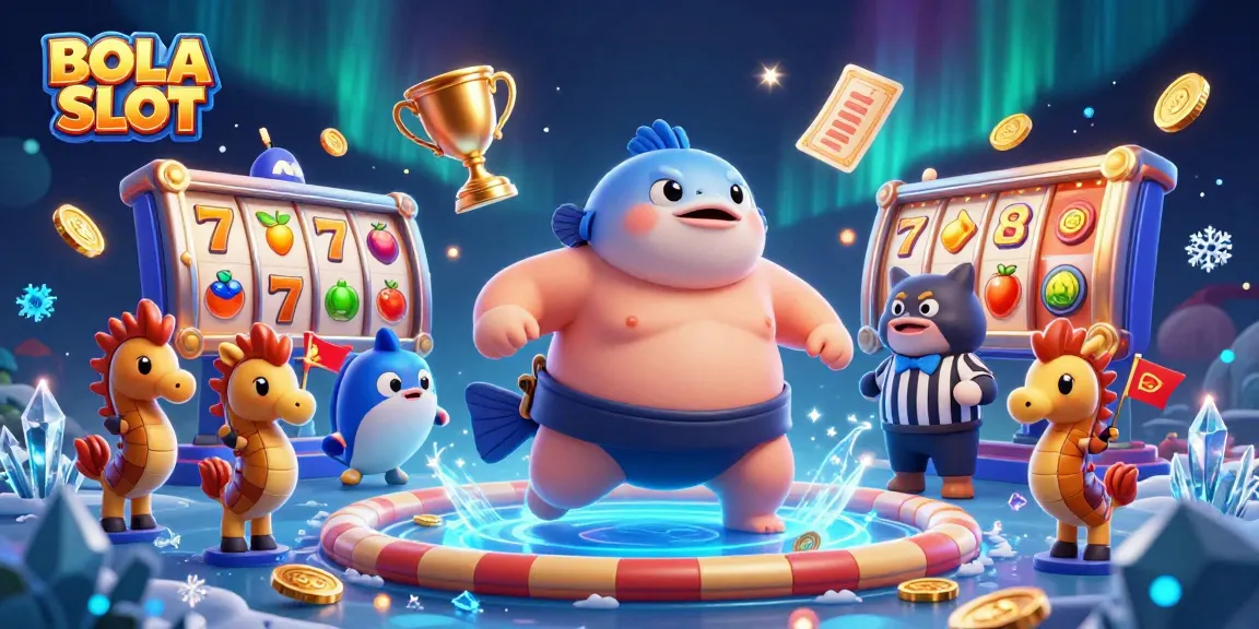 BOLA SLOT showcases a lively scene with a fugu in a sumo mawashi, vibrant slot elements, and a festive underwater environment.