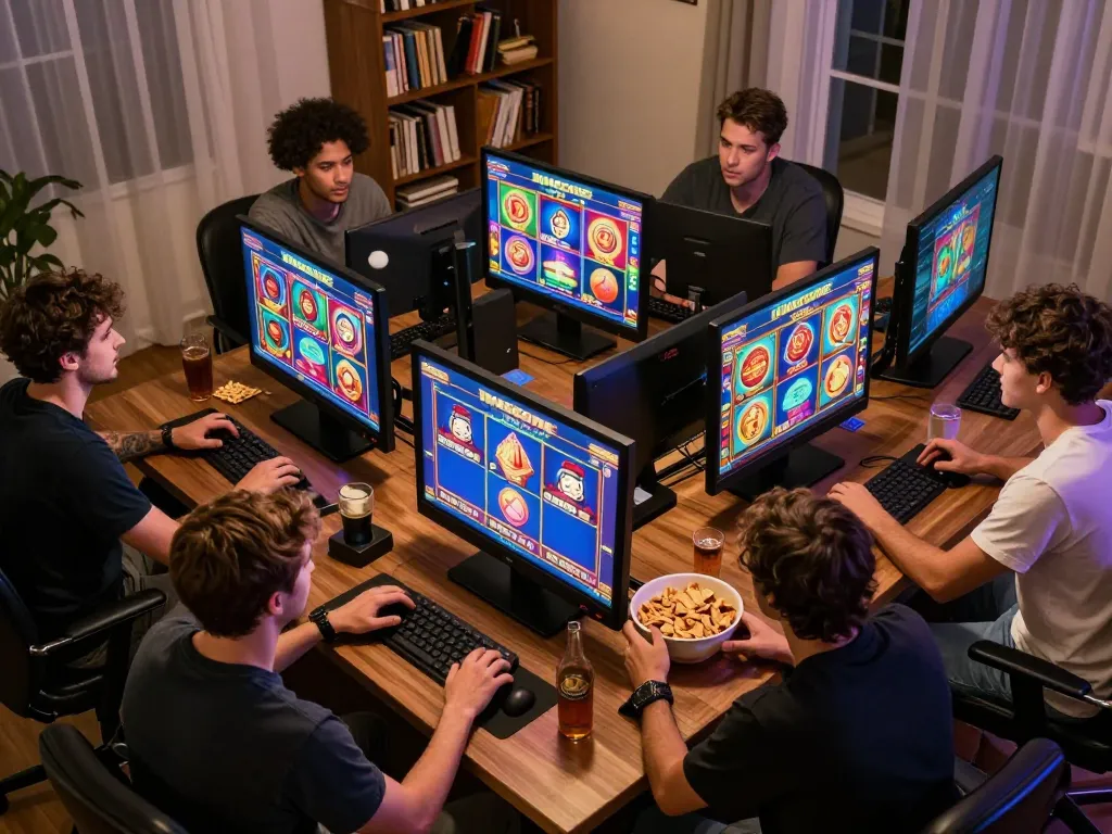 IDNSCORE players enjoying thrilling online slots with vibrant graphics in a cozy home setting.