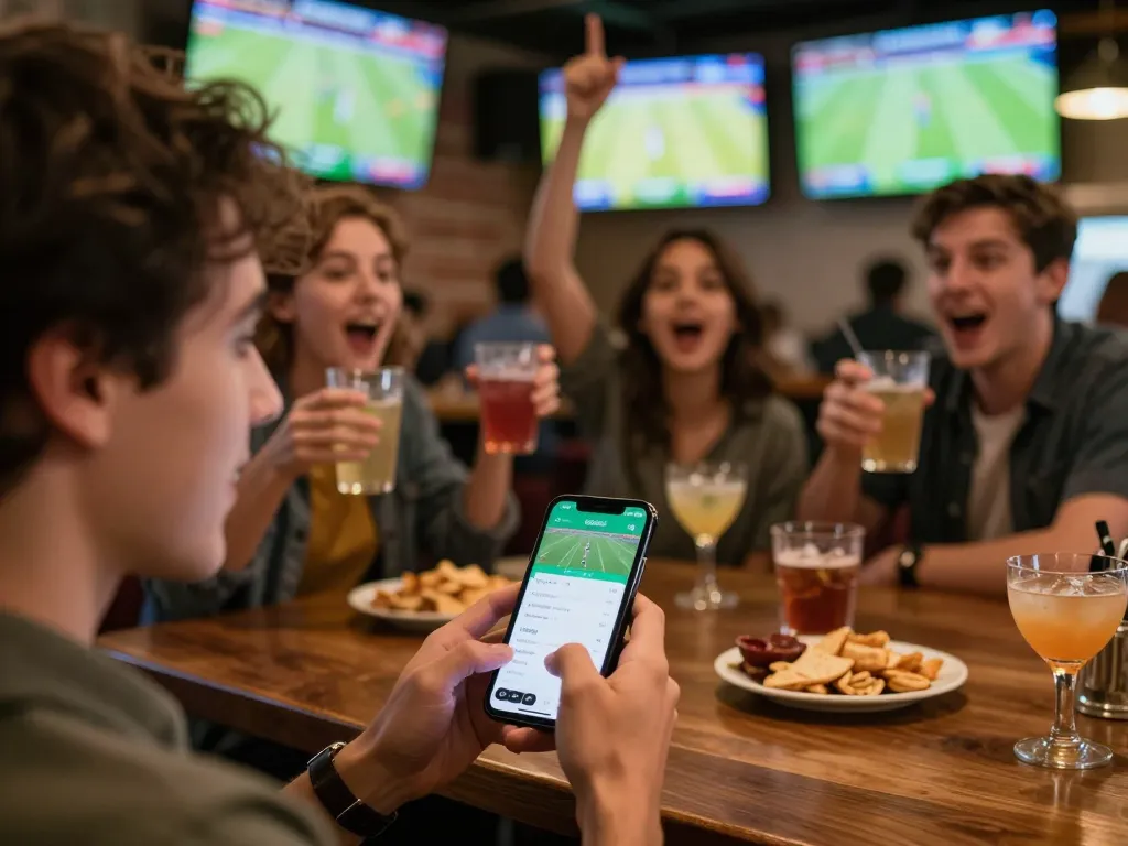 LIGALGO app user placing sports bets while enjoying live games at a bar, capturing the excitement of betting
