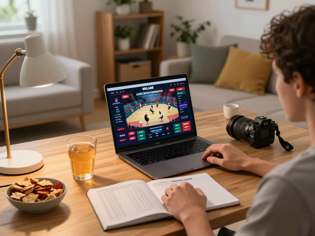 WALA88 streaming live cockfights on a laptop in a cozy home gaming setup