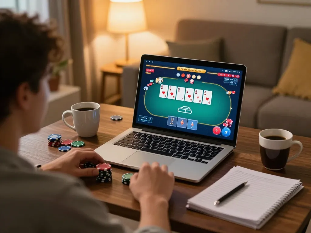 Player participating in an online poker game on a laptop, showcasing 789bethv gaming experience at home.