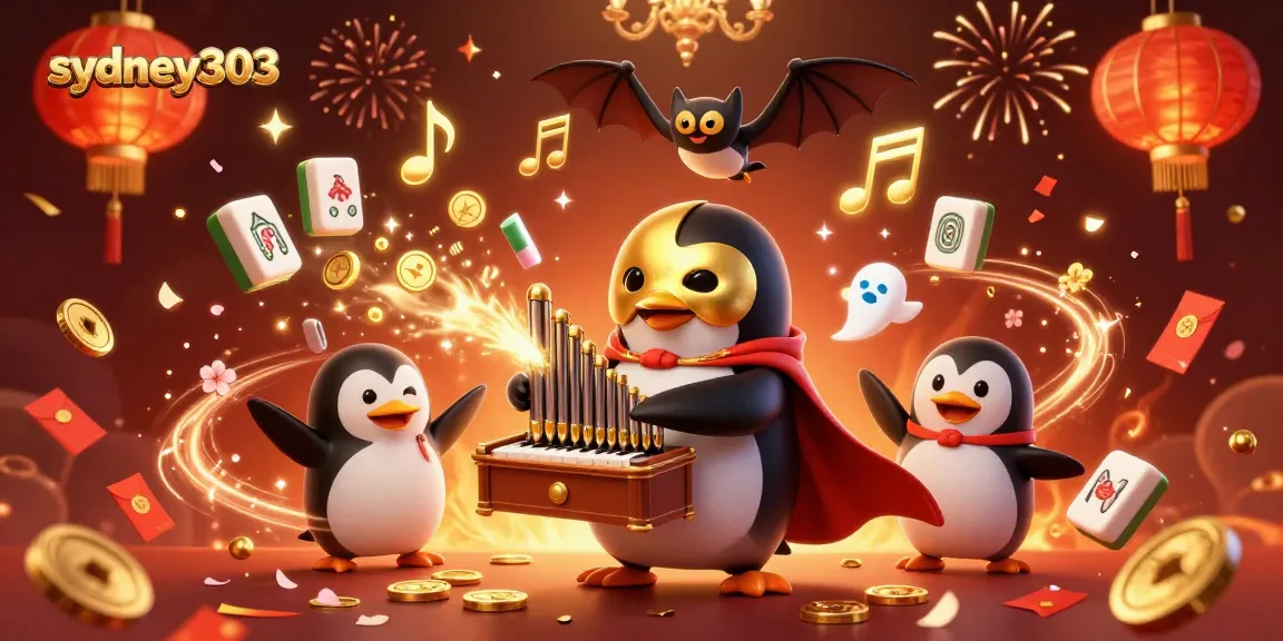 sydney303 merayakan kemenangan dengan ilustrasi 3D penguin beroperasi dan koin emas terbang dalam perayaan