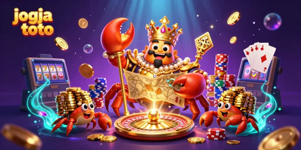 Experience vibrant gaming excitement with jogja toto, featuring a golden crab emperor and casino elements.
