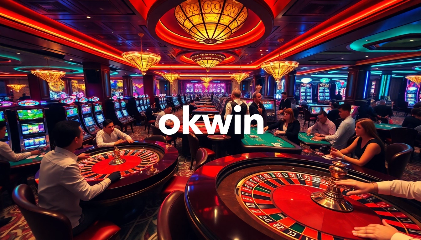 Experience the thrilling vibe of gambling at okwin, featuring a vibrant casino with roulette and poker tables.