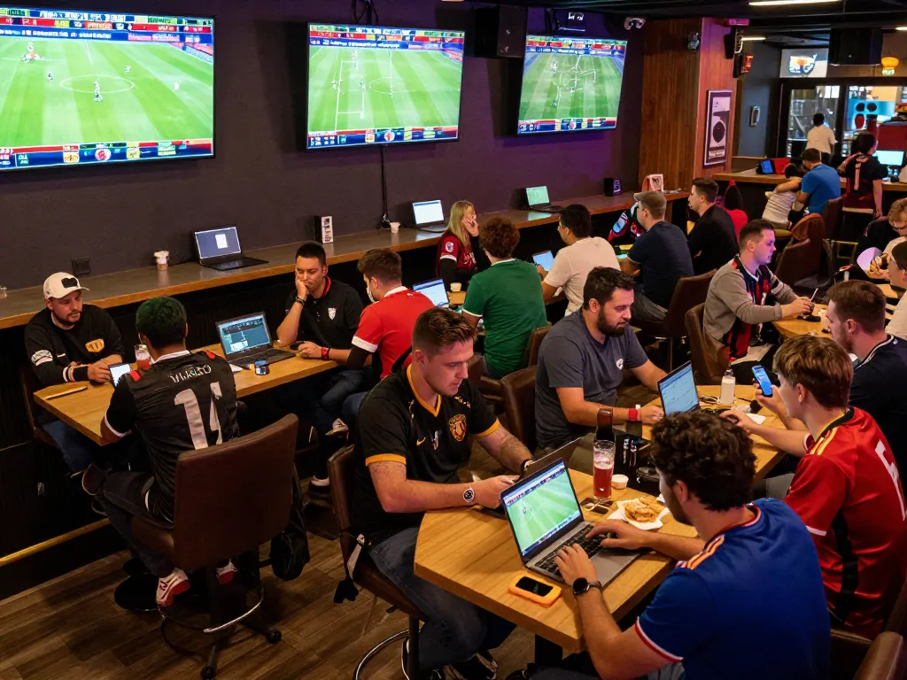 Cakhia tv sports betting scene with enthusiasts using mobile apps and enjoying live football matches.