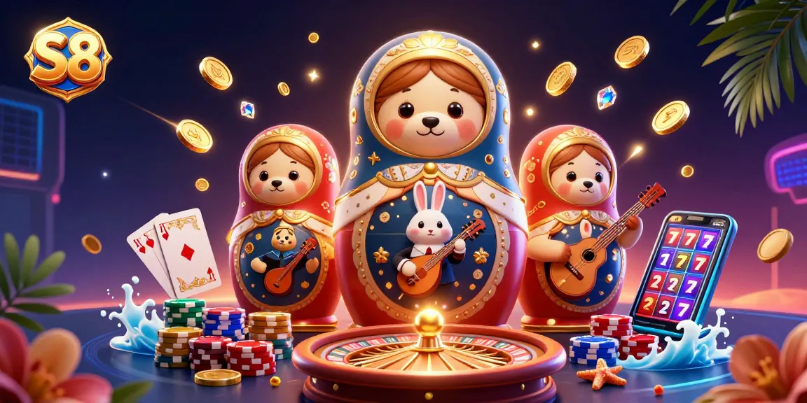S8 showcases vibrant casino magic with 3D Matryoshka bears and animated coins for gamers.
