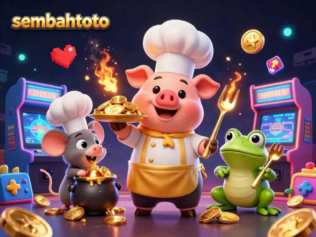 Experience thrilling sembahtoto action with a gourmet gold serving scene in an arcade casino.