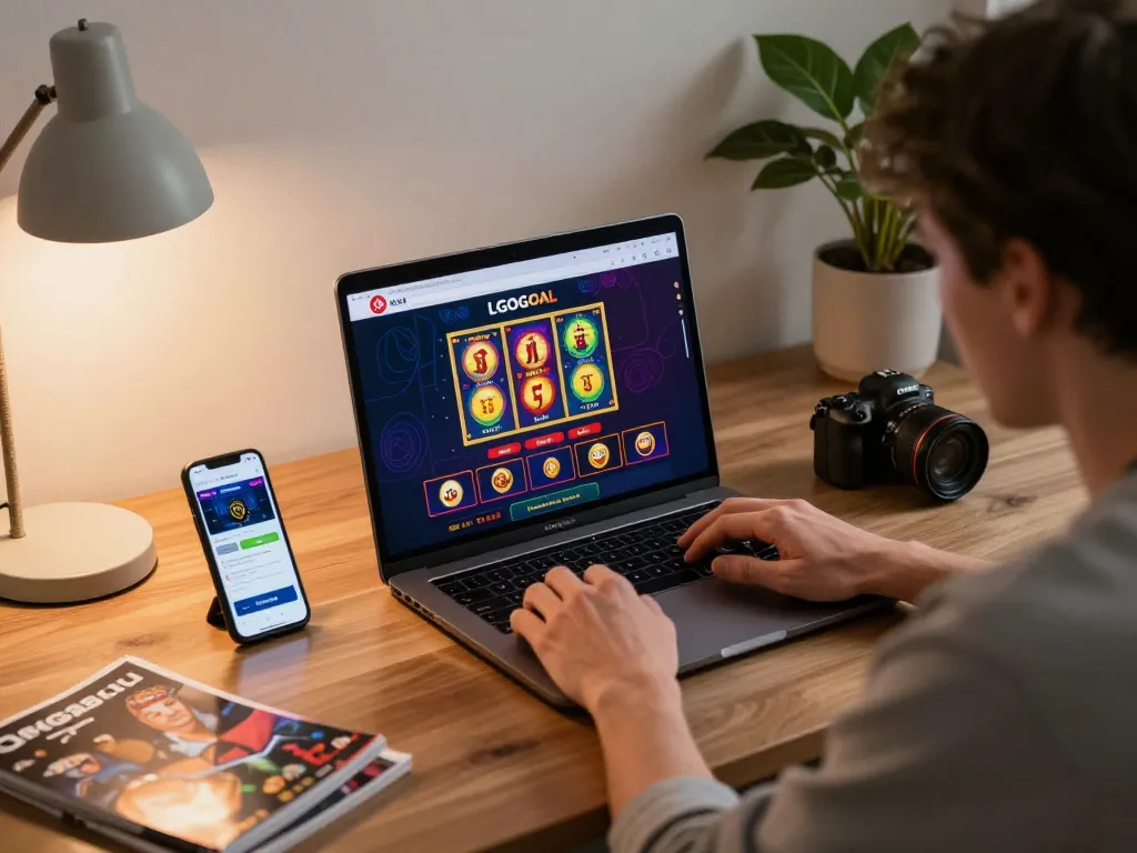 Player engaging with LGOGOAL online casino on a laptop, showcasing vibrant gaming interface and strategic gameplay approach.