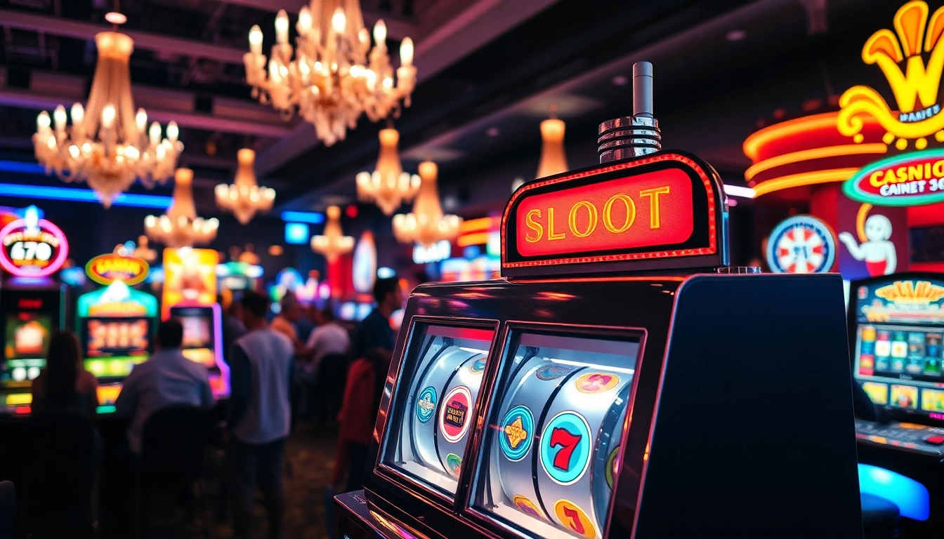Putar slot dengan buruan jackpot pada mesin kasino cerah yang ramai.