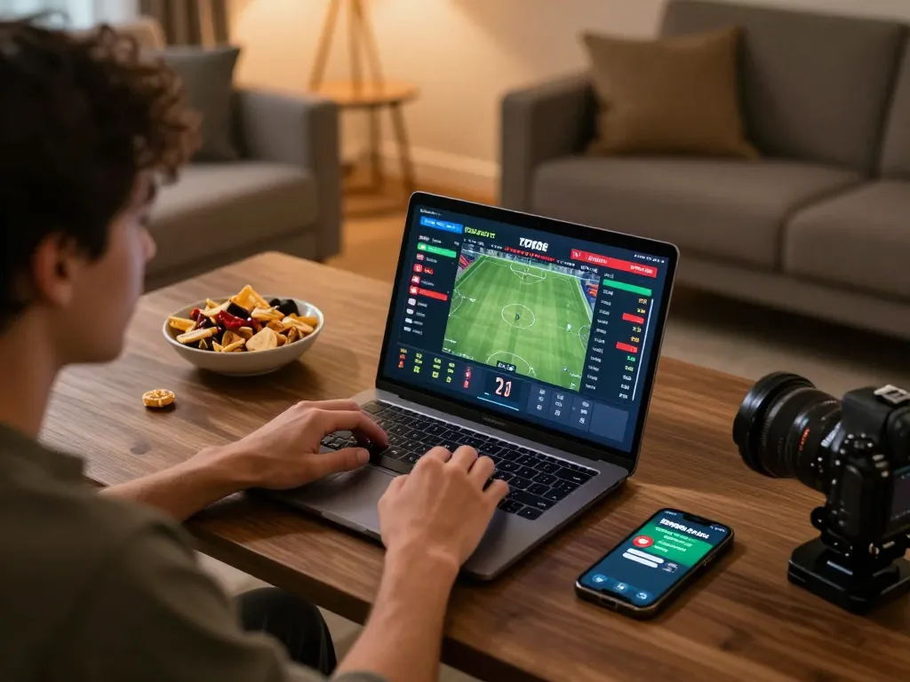 Engaging in sports betting at home with kp88 on laptop, showcasing strategic gameplay and excitement.