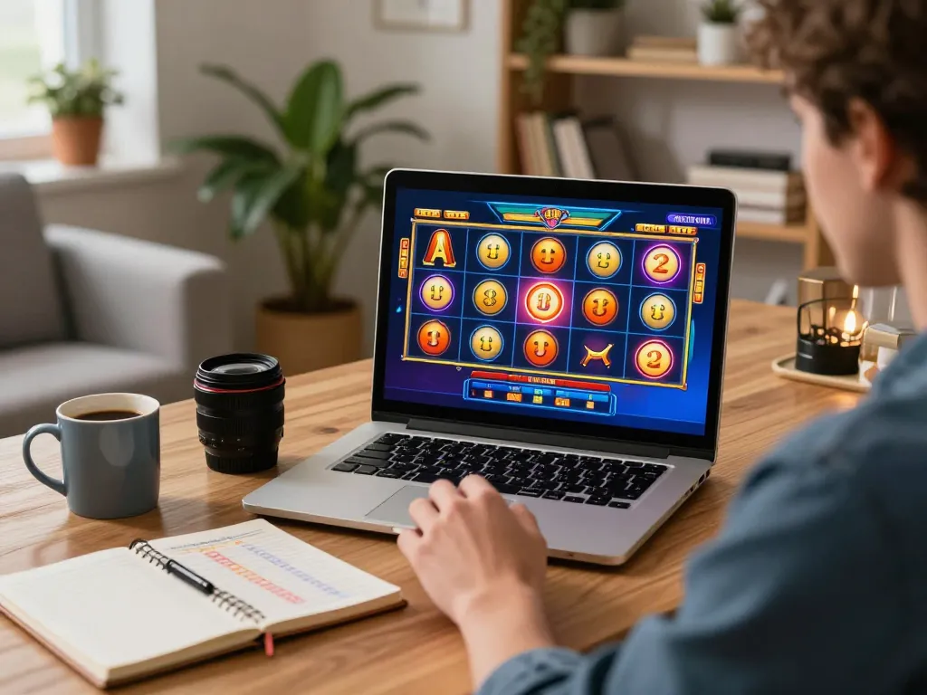 IDNSCORE user enjoying an online slot game at home, showcasing gaming strategy and personal space
