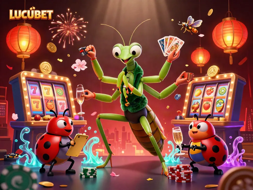In the vibrant world of LUCUBET, a giant praying mantis and ladybug pit boss bring excitement with spinning slot reels, glowing lanterns, and celebratory fireworks.