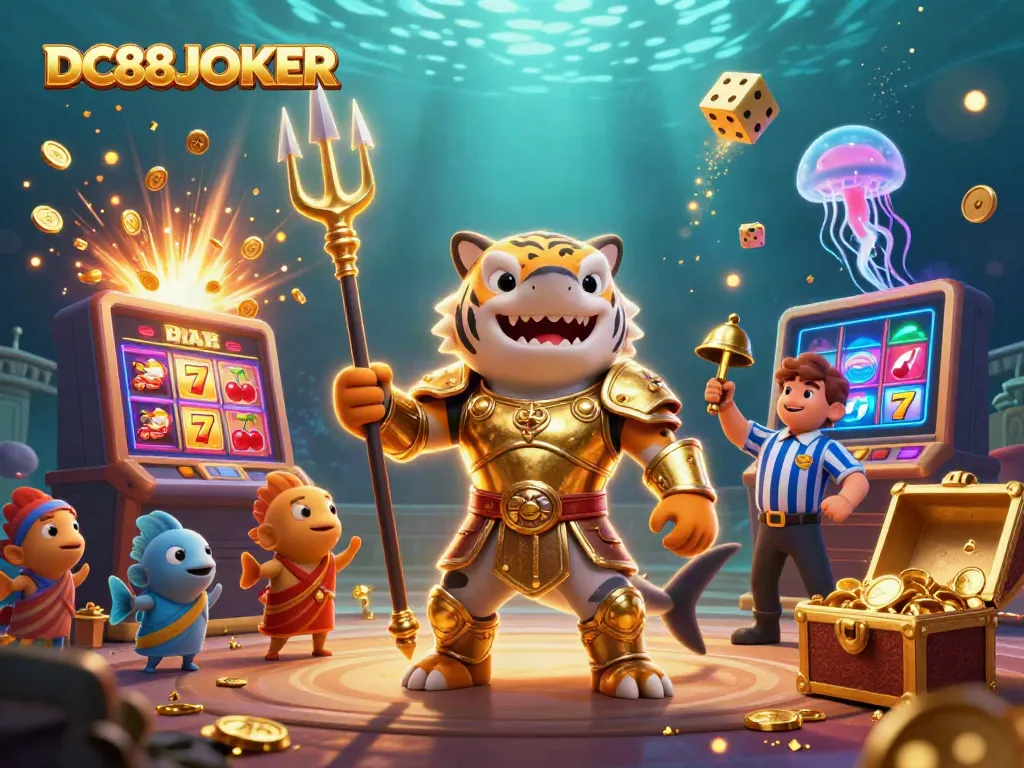Casino win with DC88JOKER in an exhilarating underwater scene featuring a golden shark and vibrant slot machine