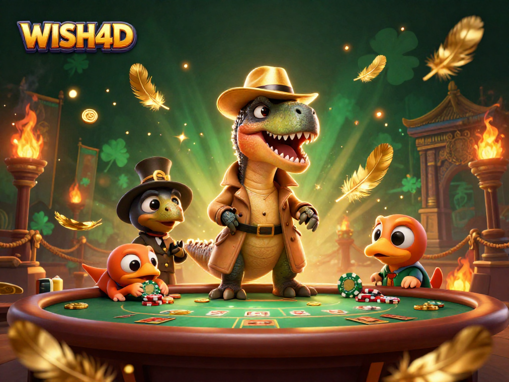 WISH4D menghadirkan ilustri kasino dengan velociraptor, stegosaurus, dan kompi.