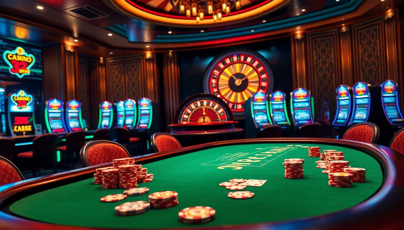 Experience the thrill of winning at a casino featuring exciting games and a "32 win" poker table.